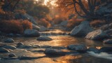 A peaceful stream passing over rocks within a natural landscape, with sunlight brightening the background.