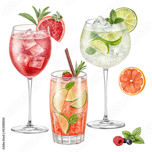 Collection of Refreshing Cocktails with Fruit Garnish Isolated on Transparent Background