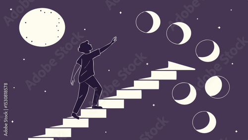 Person climbing stairs towards moon phases in a night sky with stars and a large circular moon far away