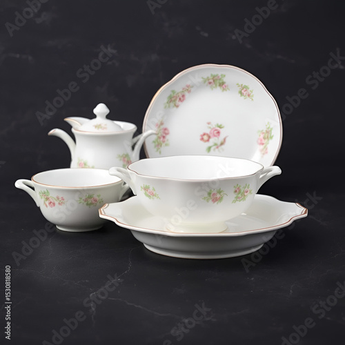 Vintage dishware on dark slate background