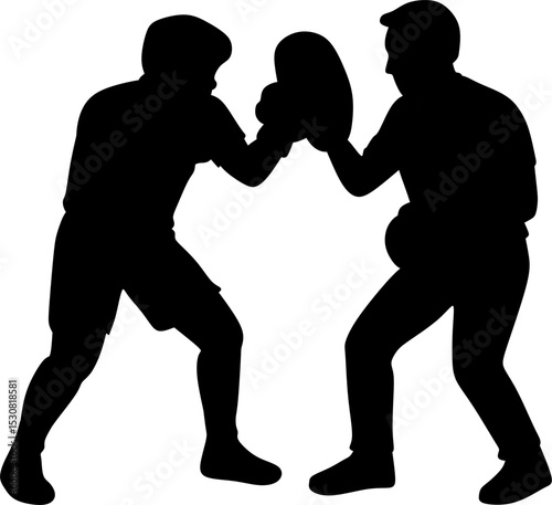silhouette of a boxer training with a coach. vector illustration