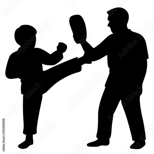 silhouette of a boy practicing taekwondo with a coach. vector illustration