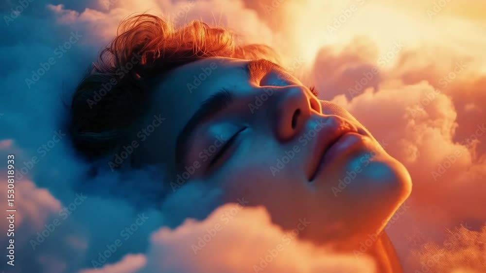 A man sleeps peacefully on top of the clouds, dreaming under the soft, glowing afternoon sky.
