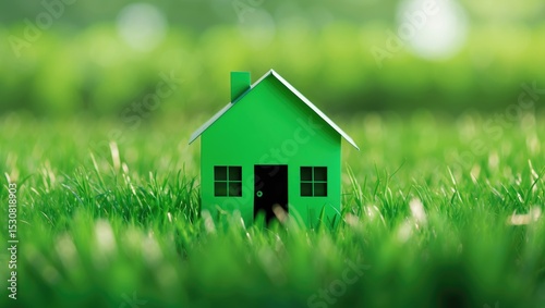 Eco house against green field, small paper cutout house in front of a grassy landscape, conceptual image illustrating the idea of dreaming of a new home or purchasing one.