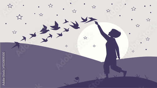 Silhouette of a person releasing birds into the night sky with stars and a moon in the background scene