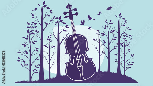 Silhouette of a violin in a forest with birds flying around on a light blue background illustration