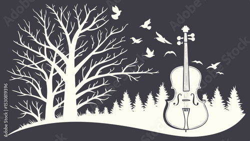 Silhouette of a violin with trees and birds against a dark background creating a musical landscape art