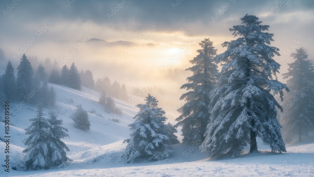 Obraz premium A stunning snow- and tree-covered landscape featuring a hazy sky is visible.