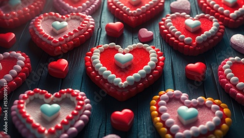 A festive background featuring numerous decorative wooden hearts.