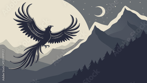 Illustration of a phoenix flying over a mountain range with a crescent moon and stars in the night sky