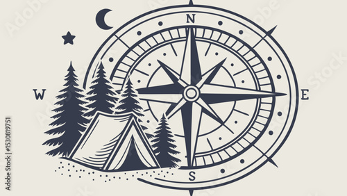 Camping scene with tent trees moon star and compass showing directions north south east and west design