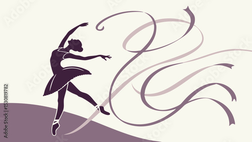 Silhouette of a ballerina in a dance pose with a flowing ribbon on a light background creating a graceful scene