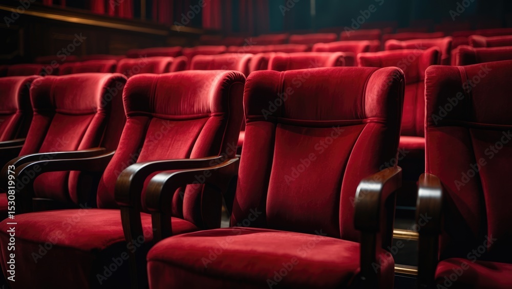 Obraz premium A low oblique perspective of the rows of red velvet seats in a renovated vaudeville theater.