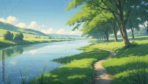 A peaceful shoreline of a lake with a gentle breeze and a mirror-like reflection on the water.