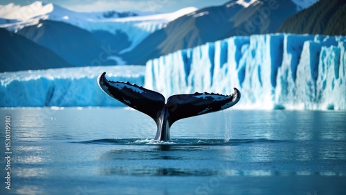 A large glacier melts into the sea as a Humpback whale surfaces prominently in the foreground.