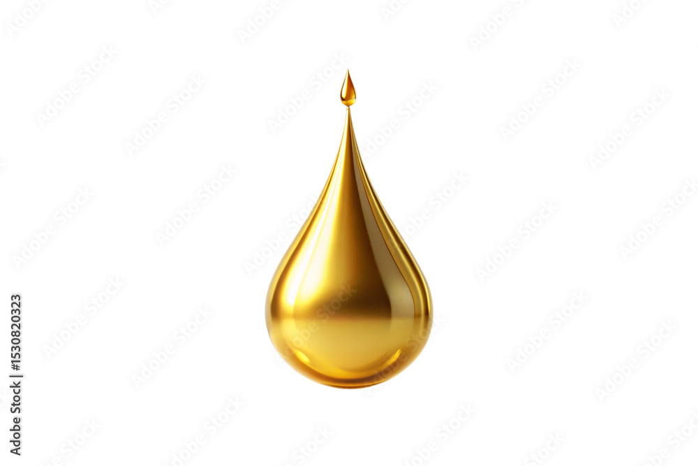Large golden oil drop with pointed tip and bulbous bottom creating perfect liquid droplet form, isolated on a transparent background Large golden oil drop with pointed tip and bulbous bottom creating perfect liquid droplet form, isolated on a transparent background