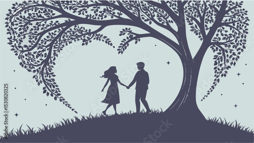 Silhouette of couple holding hands under a tree with heart shaped foliage in a romantic scene at dusk