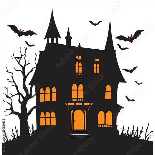 Halloween Haunted Vector illustration Spooky Haunted House Clipart Design,Dark haunted house vector silhouette for spooky Halloween art