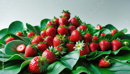 A pile of fresh strawberries resting on lush green foliage.