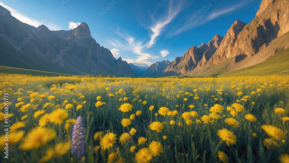 Obraz premium A horizontal snapshot shows a meadow with beautiful yellow flowers bordered by rugged mountains.