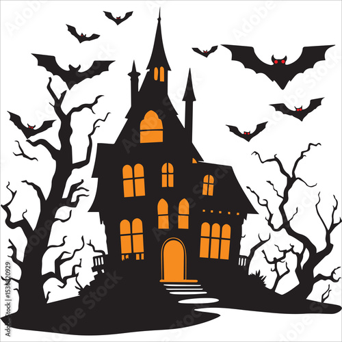 Halloween Haunted Vector illustration Spooky Haunted House Clipart Design,Dark haunted house vector silhouette for spooky Halloween art