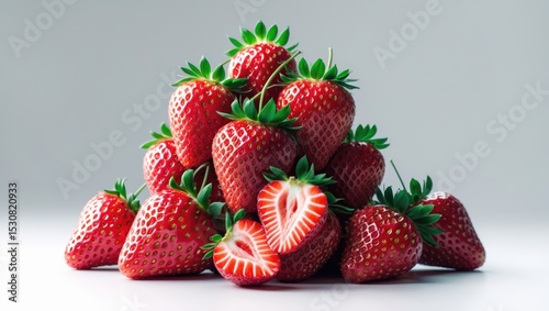 A pile of fresh strawberries displayed on a white background.
