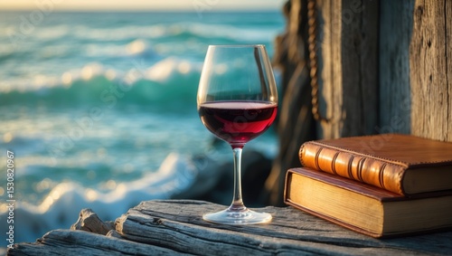 A glass of wine and a good book by the shore.