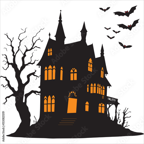 Halloween Haunted Vector illustration Spooky Haunted House Clipart Design,Dark haunted house vector silhouette for spooky Halloween art