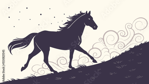Silhouette of a horse running up a hill with decorative clouds and stars in the background, artistic style