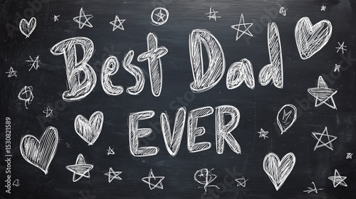 Greeting card mockup: chalkboard background, hand-drawn “Best Dad Ever” text, sketched stars and hearts
