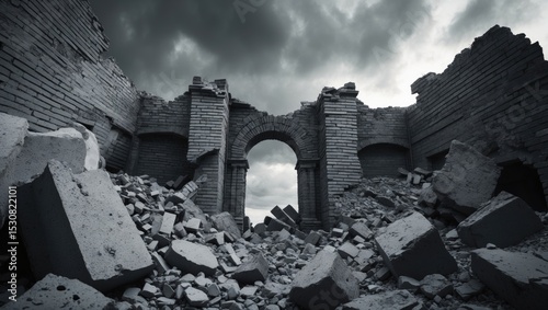 Black and white image of a deteriorating brick arch structure with debris and large rocks strewn around.