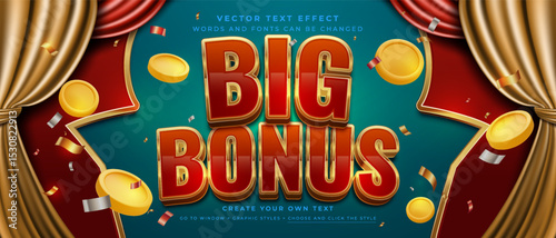 Big bonus jackpot text effect with coins, confetti, and curtains