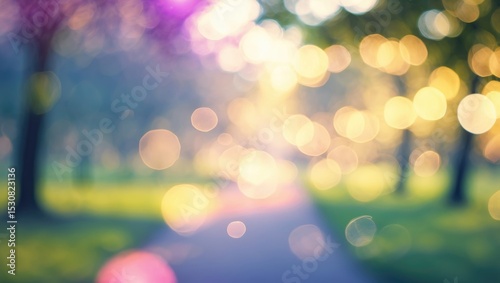 A hazy and dreamy perspective of a pathway guiding into a park.
