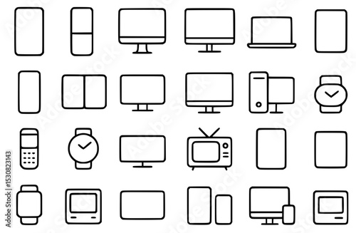 Minimalist Tech Devices Line Icons Set: Smartphone, Laptop, Monitor, Computer, Smartwatch, and More