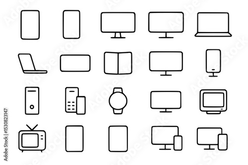 Minimalist Electronic Devices Line Icons Set: Smartphone, Laptop, Computer, Tablet, Wearable, Technology, and More