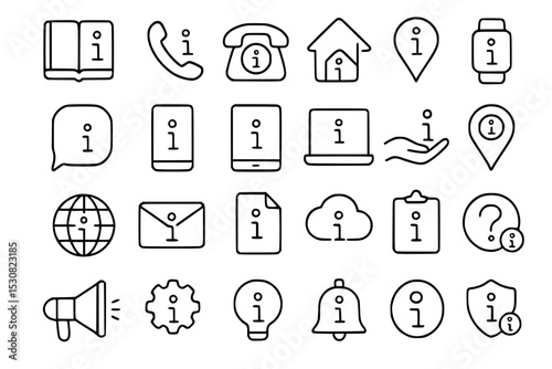  Information and Communication Line Icons Set: Help, Support, Contact, Notification, Guide, Data, and More