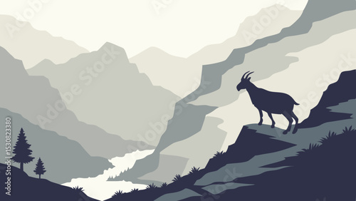 Silhouette of an ibex standing on a cliff overlooking a valley with mountains and trees in grayscale tones