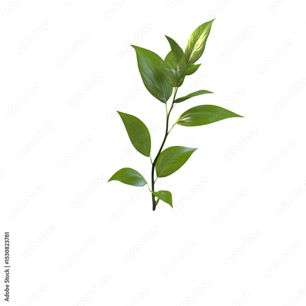 Fototapeta premium Green Leaves on a Stem with Fresh Foliage on Transparent Background.