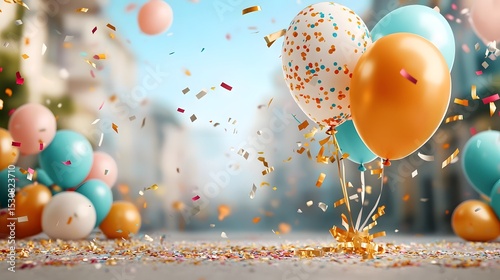 A lively and joyous scene filled with vibrant streamers confetti and a cluster of colorful balloons creating a festive and atmosphere