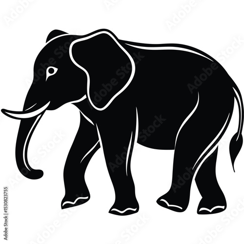 Strong black elephant strides forward, with white accent lines highlighting its muscular form