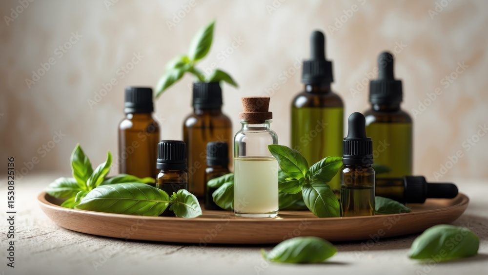 Naklejka premium Composition featuring essential oil bottles and basil arranged on a table