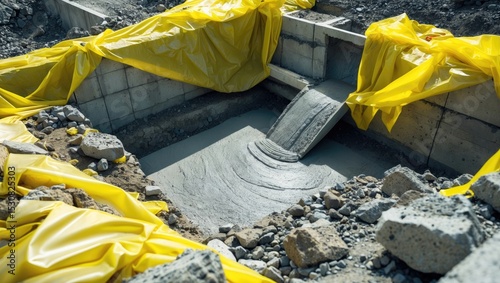 Construction of foundation involves the pouring of concrete.