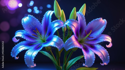 Composition of two white flowers highlighted by black light sources