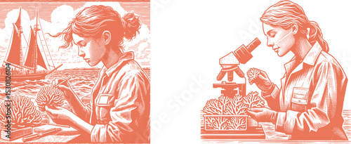 Red Pink Engraving Style Female Marine Biologist Studying Coral Samples on Research Boat – Woodcut Brush Stamp Illustration for Science and Ocean Conservation Themes
