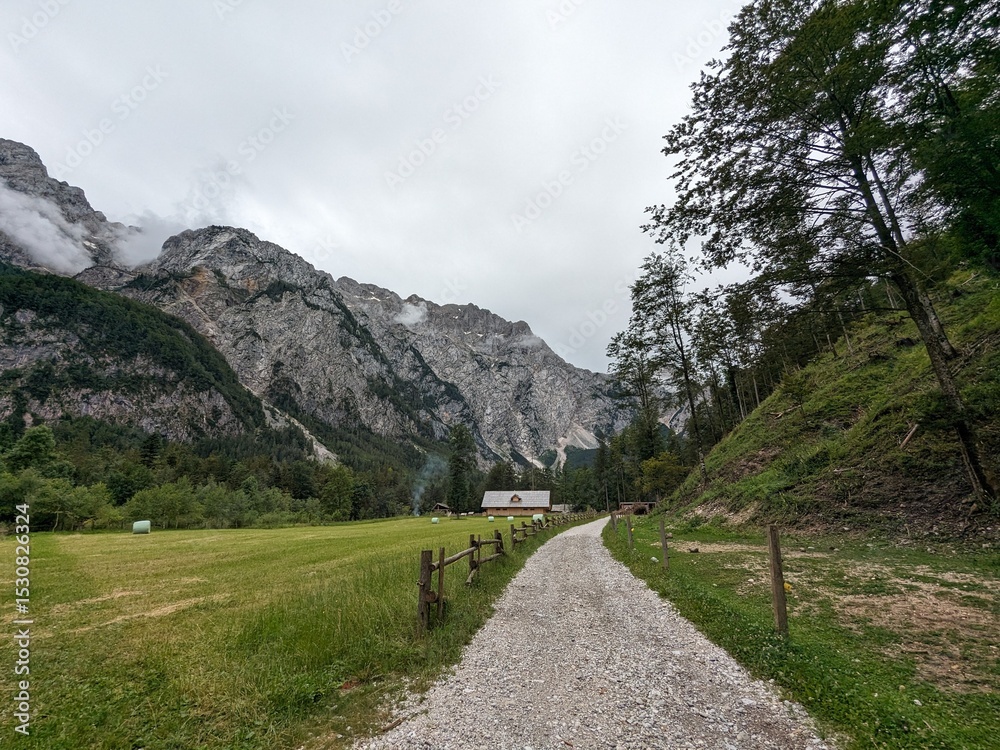 Fototapeta premium Panoramic view of Logarska dolina valley with peaks of Slovenian Alps covered by passing clouds.