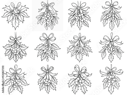 Mistletoe set hand drawn vector illustration isolated on white background.
