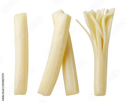 Set of string cheese sticks on a white background. Top view