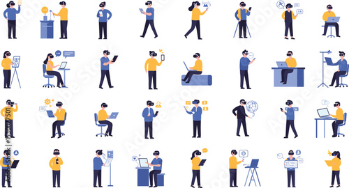 Flat vector illustrations of people using virtual reality, augmented reality devices, digital technology, remote interaction, and immersive smart innovation experiences

 flat vector illustration