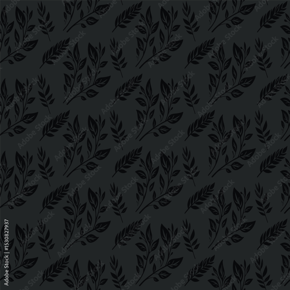 Dark charcoal seamless pattern with a variety of botanical leaf and branch silhouettes. An elegant, monochrome nature design for modern fabric, textiles, and wallpaper.