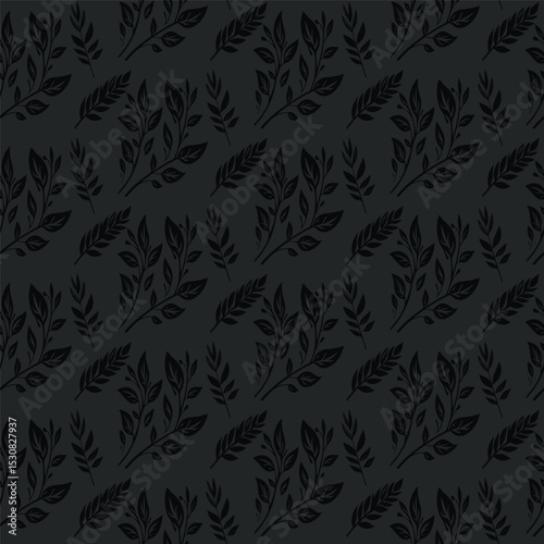 Dark charcoal seamless pattern with a variety of botanical leaf and branch silhouettes. An elegant, monochrome nature design for modern fabric, textiles, and wallpaper.